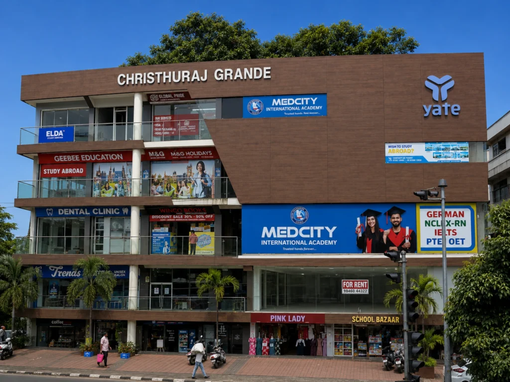 Exterior view of the Medcity International Academy Ernakulam branch at Christhuraj Grande, offering German language courses, IELTS, OET, PTE, NCLEX-RN coaching, study abroad counseling, university admissions, and student visa assistance in Kochi, Kerala.
