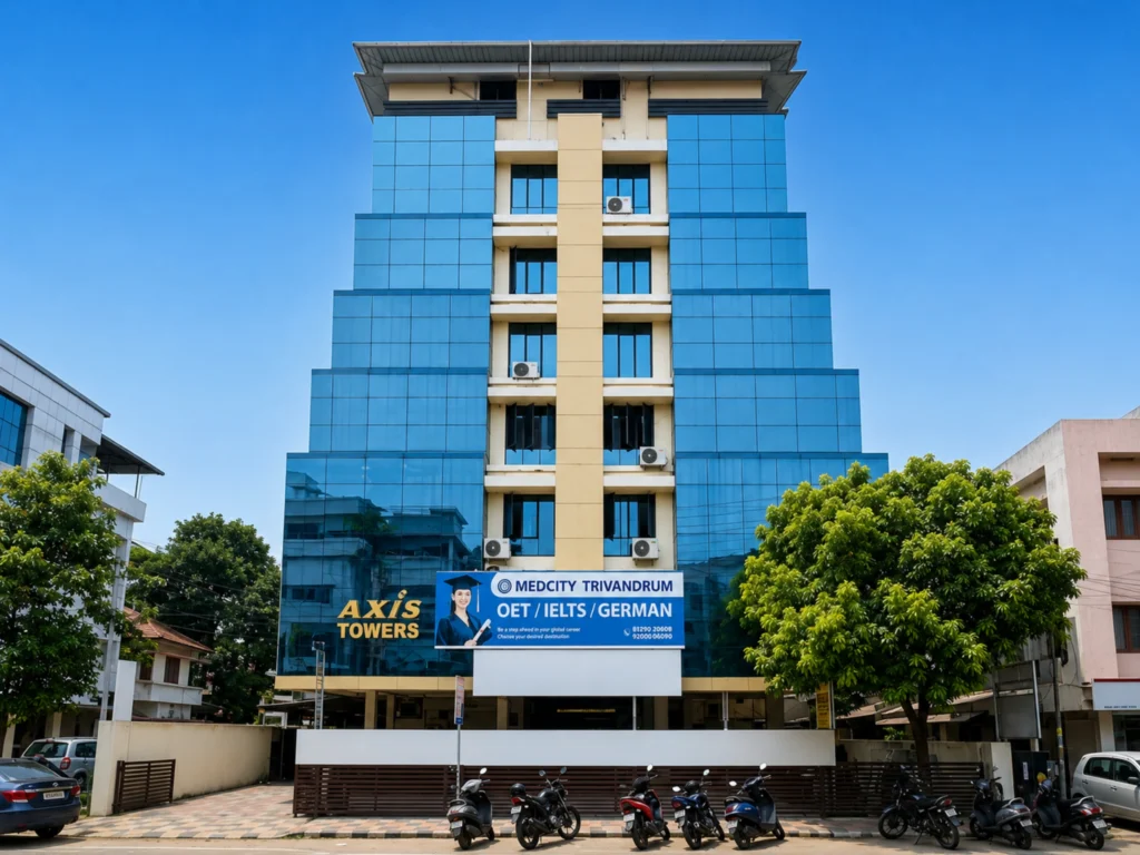 Language Institute in Trivandrum 7 Exterior view of Medcity International Academy Trivandrum at Axis Towers, offering German language courses, IELTS coaching, OET preparation, study abroad counseling, university admissions, and overseas education services in a modern commercial building.