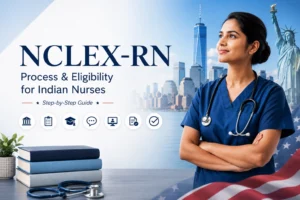 A professional nurse in blue scrubs standing confidently with a stethoscope against a New York City skyline and the Statue of Liberty, promoting NCLEX-RN process, eligibility, and step-by-step guidance for Indian nurses pursuing nursing careers in the USA through Medcity International Academy.