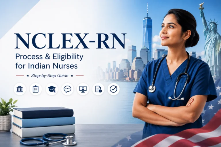 A professional nurse in blue scrubs standing confidently with a stethoscope against a New York City skyline and the Statue of Liberty, promoting NCLEX-RN process, eligibility, and step-by-step guidance for Indian nurses pursuing nursing careers in the USA through Medcity International Academy.