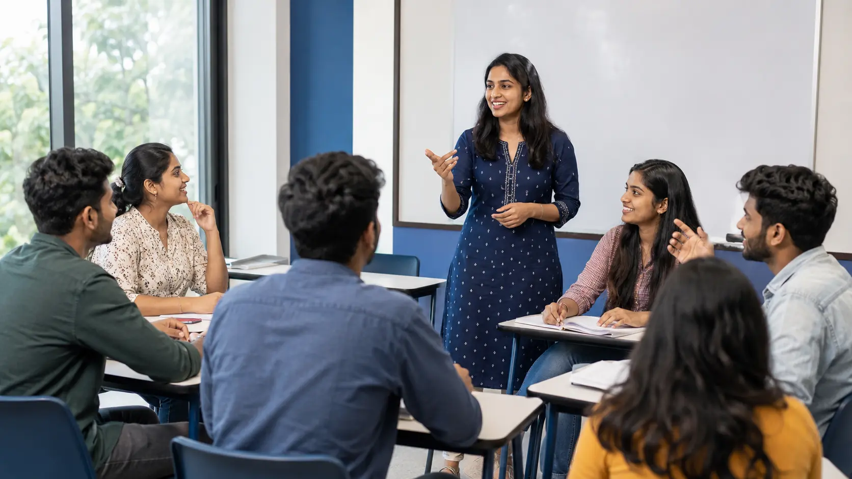 German language trainer conducting an interactive classroom session with students at Medcity International Academy, helping learners improve speaking, listening, reading, and writing skills for Goethe certification, study in Germany, and Ausbildung.