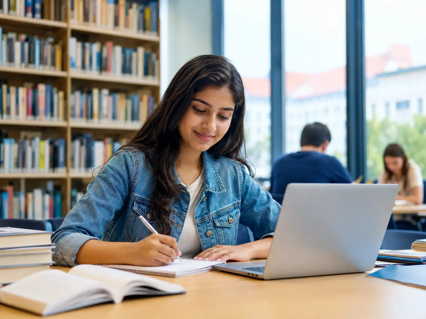 Best German Language Course in Kannur for A1 to B2 Classes 3 Student preparing for the PTE Academic exam using a laptop and study materials in a modern library at Medcity International Academy for study abroad and international university admissions.