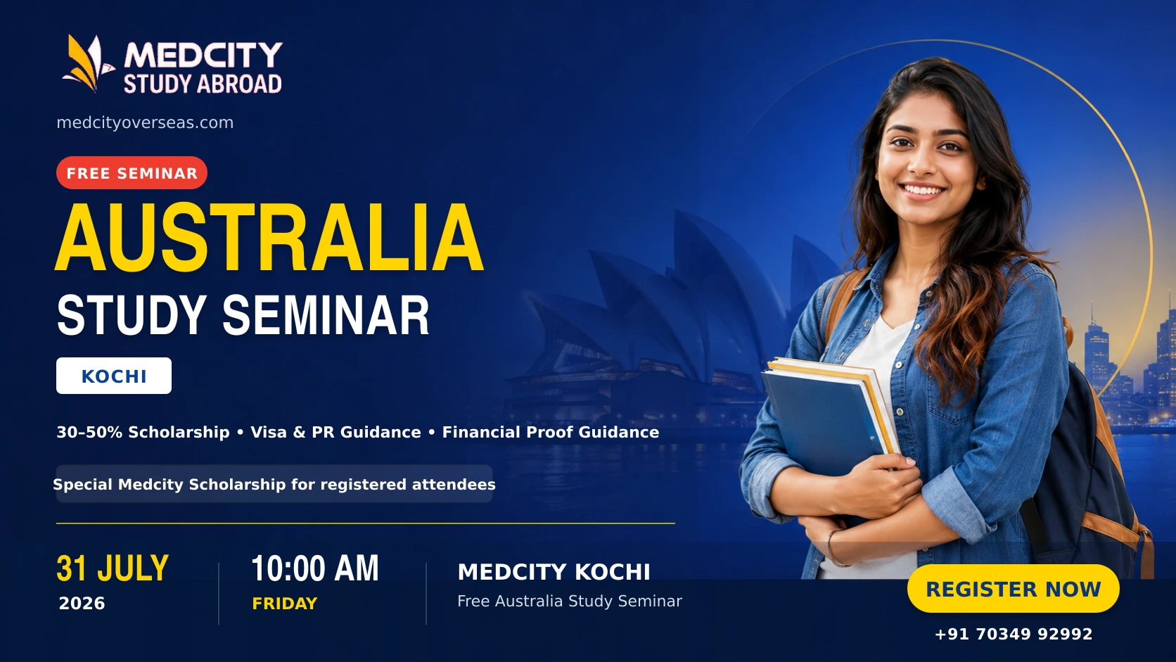 Australia Study Abroad Seminar 1 Student holding books and a backpack promoting the Australia Study Seminar in Kochi by Medcity Study Abroad, featuring scholarship opportunities, Australia student visa and PR guidance, financial proof assistance, and overseas education counselling.