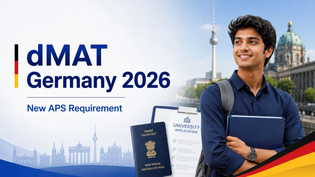 Medcity International Academy dMAT Germany 2026 admission banner featuring an aspiring international student holding books with Berlin landmarks in the background. The banner highlights the new APS requirement for Indian students applying to German public universities, supporting study abroad, bachelor's and master's admissions, and higher education opportunities in Germany.