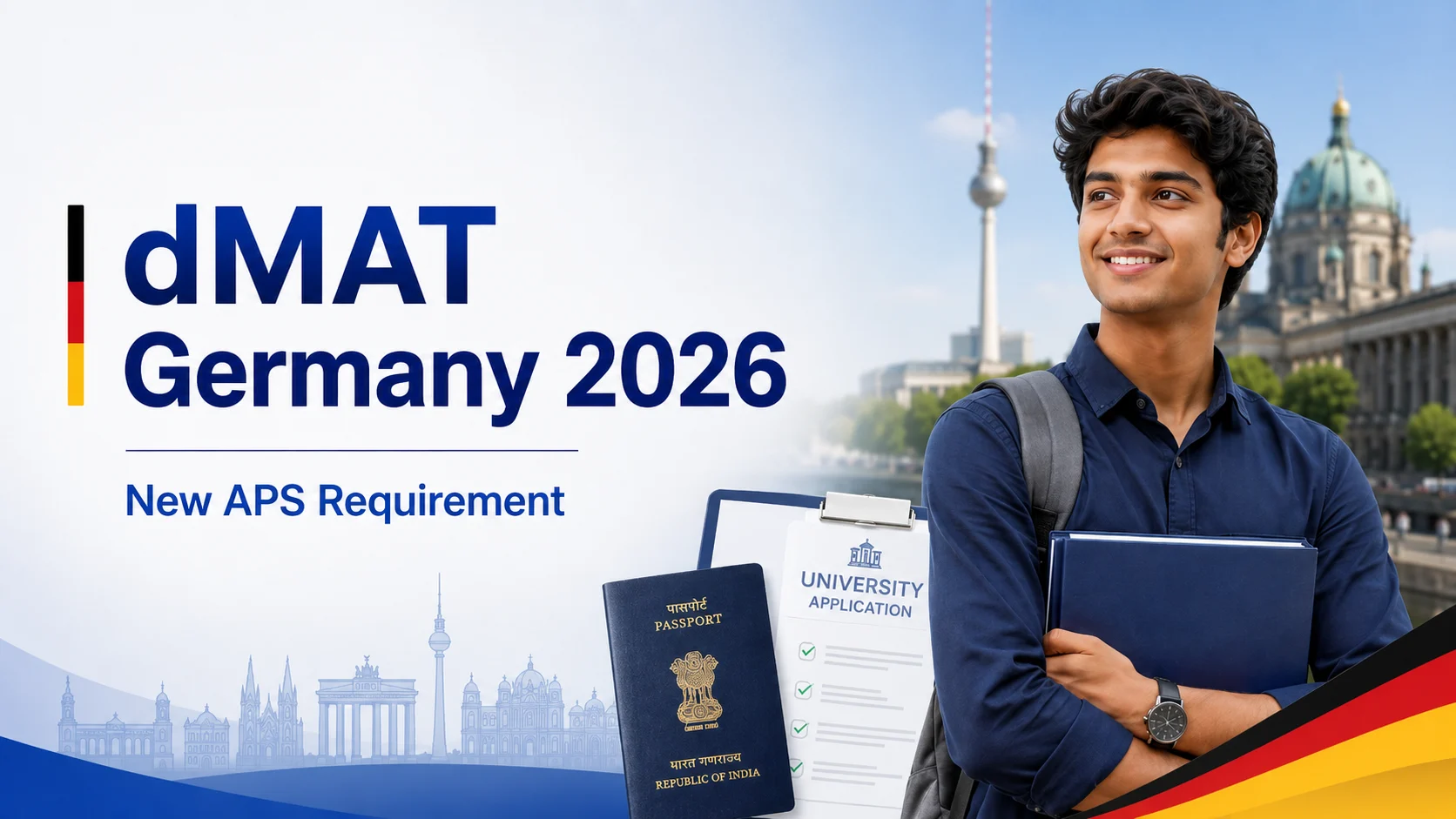 dMAT Exam Germany: Who Needs It? Full APS Guide 2026 5 Medcity International Academy dMAT Germany 2026 admission banner featuring an aspiring international student holding books with Berlin landmarks in the background. The banner highlights the new APS requirement for Indian students applying to German public universities, supporting study abroad, bachelor's and master's admissions, and higher education opportunities in Germany.