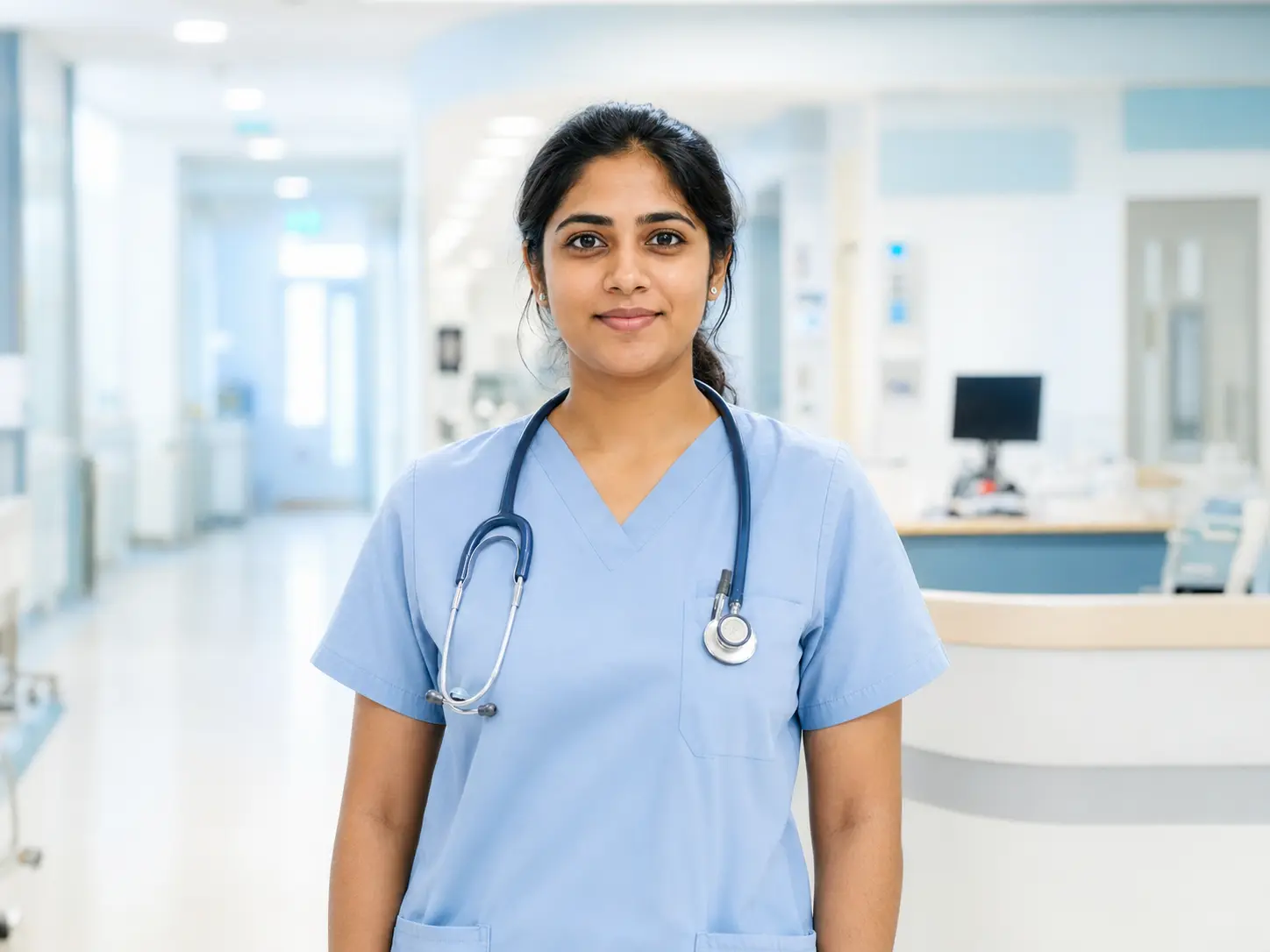 Best German Language Course in Kannur for A1 to B2 Classes 2 Professional nurse wearing blue medical scrubs and a stethoscope standing in a modern hospital, representing OET coaching, international nursing careers, and healthcare professional training at Medcity International Academy.