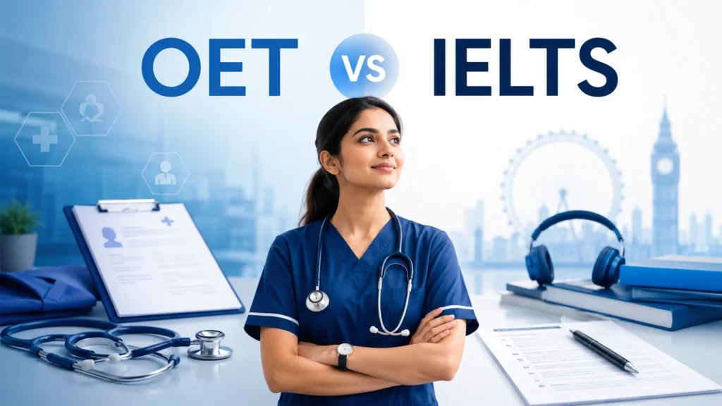 A healthcare professional in blue scrubs standing confidently between OET and IELTS, with medical equipment and a healthcare setting on one side and study materials with a city skyline on the other, illustrating the comparison between OET and IELTS for study, work, and healthcare careers abroad.