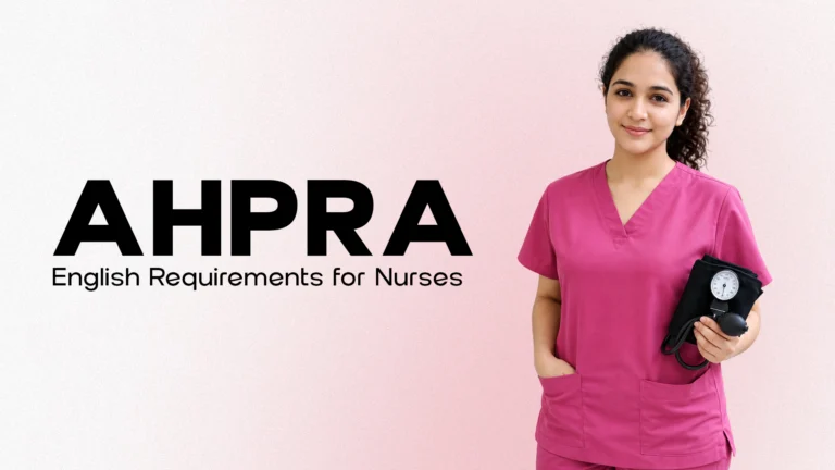 AHPRA English requirements guide for nurses featuring a nurse in pink scrubs holding a blood pressure monitor for Australian nursing registration preparation.