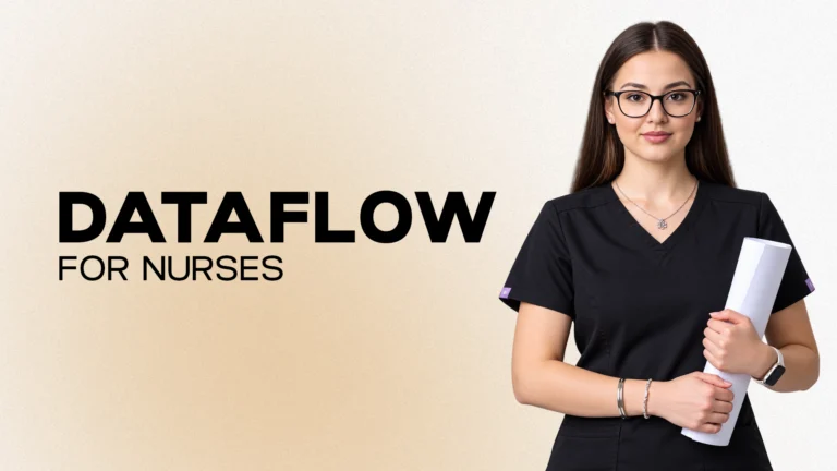 DataFlow for nurses graphic featuring a healthcare professional holding documents and highlighting credential verification for international nursing careers.