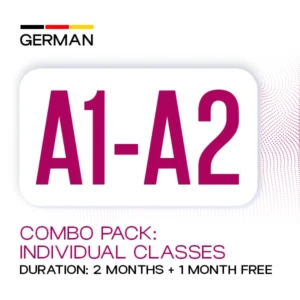 German A1-A2 Combo Pack banner promoting individual German language classes with a 2-month course and 1 month free at Medcity International Academy for beginners preparing for study, work, and Ausbildung in Germany.
