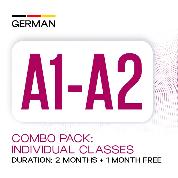 German A1–A2 Combo – Individual Classes 1 German A1-A2 Combo Pack banner promoting individual German language classes with a 2-month course and 1 month free at Medcity International Academy for beginners preparing for study, work, and Ausbildung in Germany.