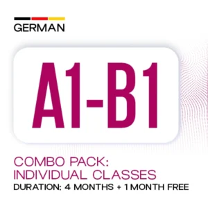 German A1-B1 Combo Pack banner promoting individual German language classes with a 4-month training program plus 1 month free at Medcity International Academy for learners preparing for study, work, Ausbildung, and migration to Germany.