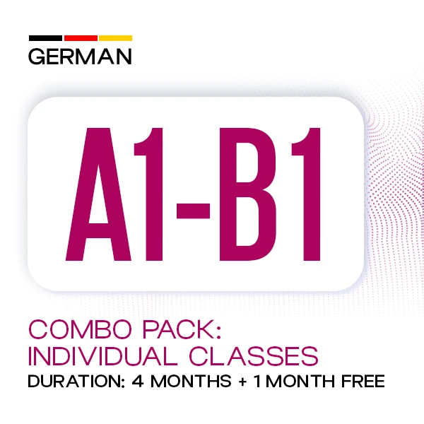 German A1–B1 Combo – Individual Classes 1 German A1-B1 Combo Pack banner promoting individual German language classes with a 4-month training program plus 1 month free at Medcity International Academy for learners preparing for study, work, Ausbildung, and migration to Germany.