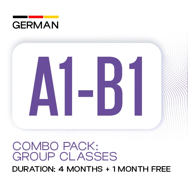 German A1–B1 Combo – Group Classes 1 German A1-B1 Combo Group Classes banner promoting a 4-month German language course with 1 month free at Medcity International Academy for learners preparing for Goethe certification, study in Germany, Ausbildung, and international career opportunities.