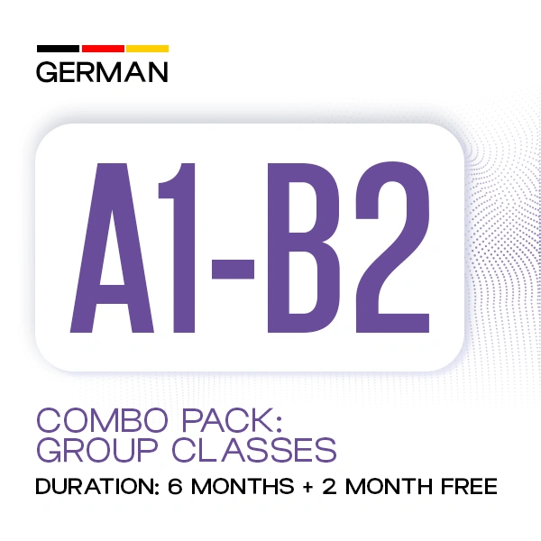 German A1–B2 Combo – Group Classes 1 German A1-B2 Combo Group Classes banner promoting a 6-month German language course with 2 months free at Medcity International Academy for learners preparing for Goethe certification, study in Germany, Ausbildung, employment, and migration opportunities.