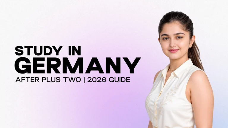 Student featured in a promotional graphic for studying in Germany after Plus Two, highlighting a 2026 Germany study abroad guide.