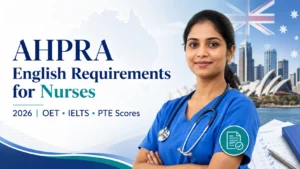 AHPRA English requirements for nurses in 2026 featuring a nurse in blue scrubs with an Australian city background and information about OET, IELTS, and PTE scores for Australian nursing registration.