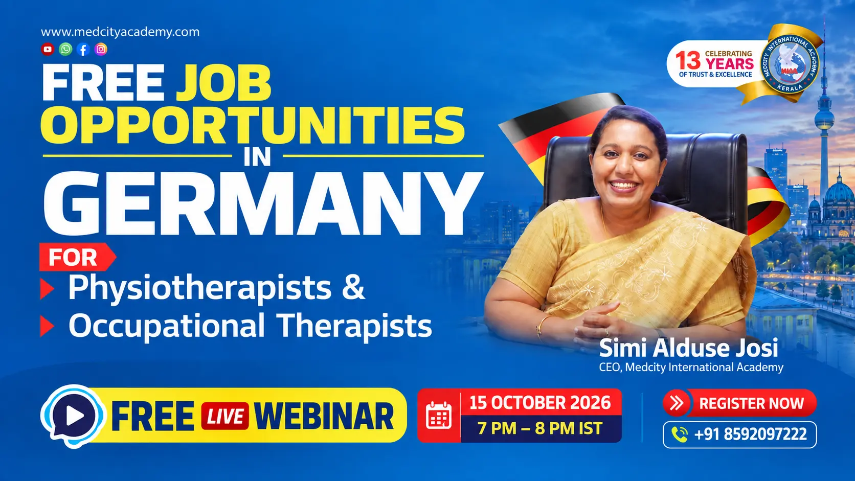 Medcity International Academy promotional banner for a free live webinar about job opportunities in Germany for physiotherapists and occupational therapists, featuring CEO Simi Alduse Josi and webinar details for 15 October 2026.
