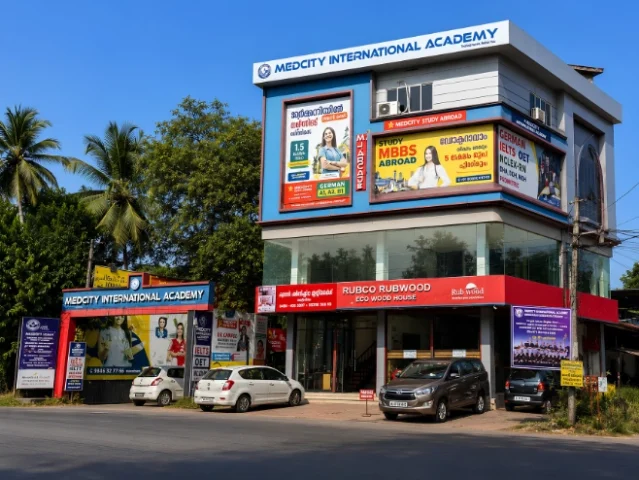 Exterior view of the Medcity International Academy Pathanamthitta branch in Kerala, featuring study abroad services, German language training, MBBS abroad counselling, IELTS, OET, NCLEX-RN, DHA, and Prometric coaching in a modern commercial building.