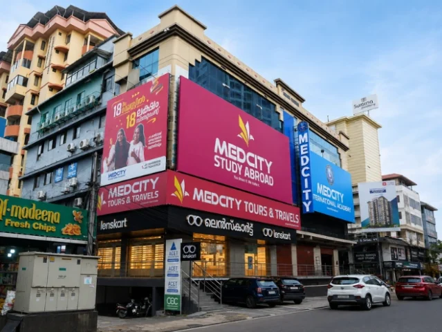 Exterior view of the Medcity Study Abroad and Medcity International Academy corporate office in Kochi, Kerala, offering overseas education counselling, German language courses, IELTS, OET, NCLEX-RN, MBBS abroad admissions, and study abroad services.