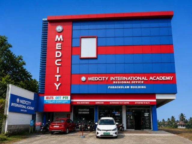 Exterior view of the Medcity International Academy Regional Office in Paravur, Kerala, offering study abroad counselling, German language courses, IELTS, OET, PTE coaching, visa assistance, admissions, and authorized test centre services.